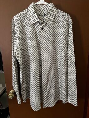 Tasso Elba White Button-Down Shirt with Black Geometric Print